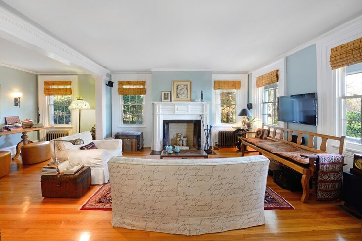 Photo a living room with a couch a fireplace and a television