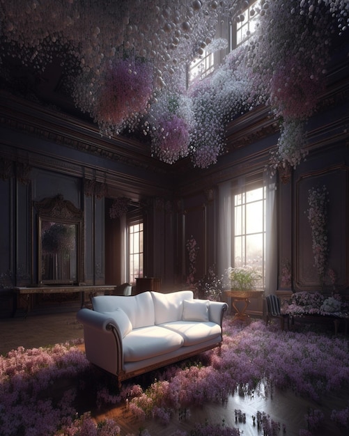 A living room with a couch and flowers on the floor