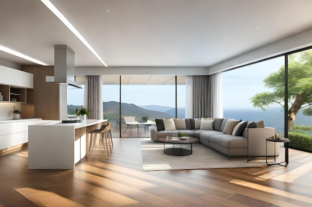 A living room with a couch and a kitchen island with a view of the mountains.