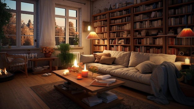 A living room with a couch a lamp a bookcase and a bookcase