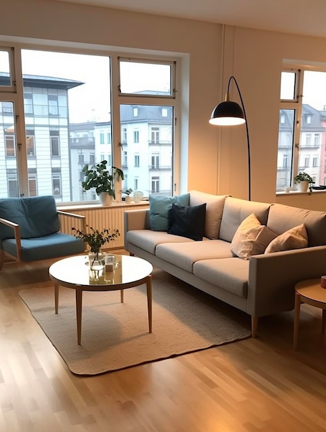 A living room with a couch and a lamp on the floor.