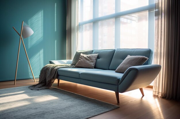 A living room with a couch and a lamp on the floor