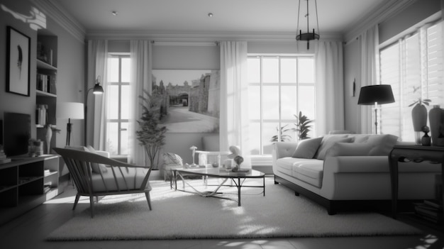 Photo a living room with a couch and a lamp on the left side.