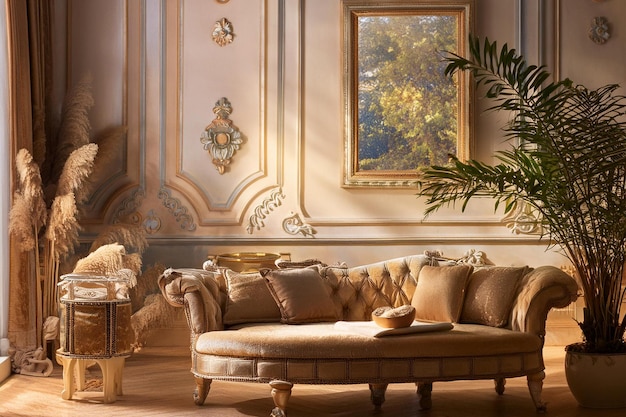 a living room with a couch a lamp and a plant in the corner