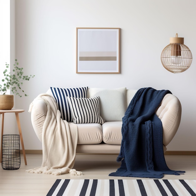 a living room with a couch, a lamp, and a rug.