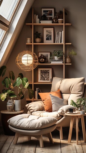 a living room with a couch and a lamp on the shelf