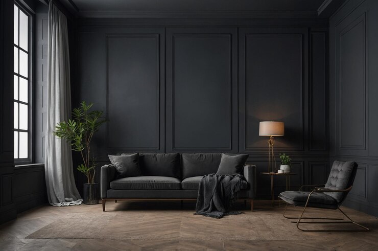 Photo a living room with a couch and a lamp on the table