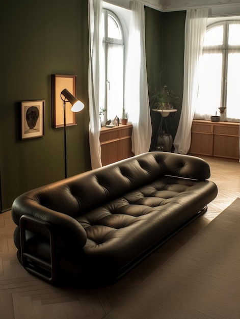 a living room with a couch and a lamp on the table