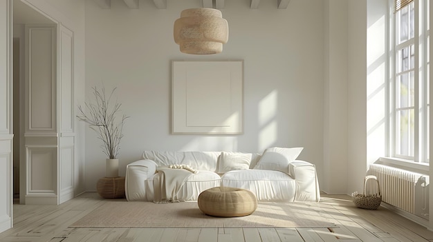 a living room with a couch and a lamp on the wall