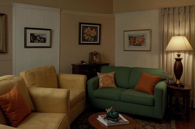 A living room with a couch and a lamp on the wall