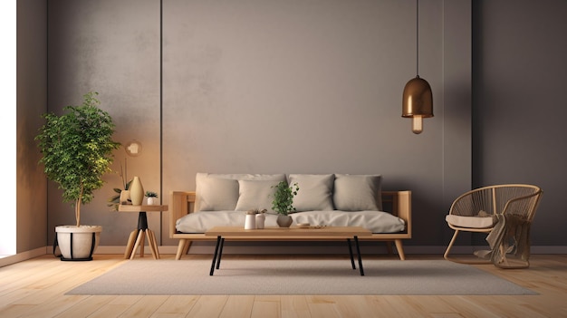 A living room with a couch and a lamp on the wall