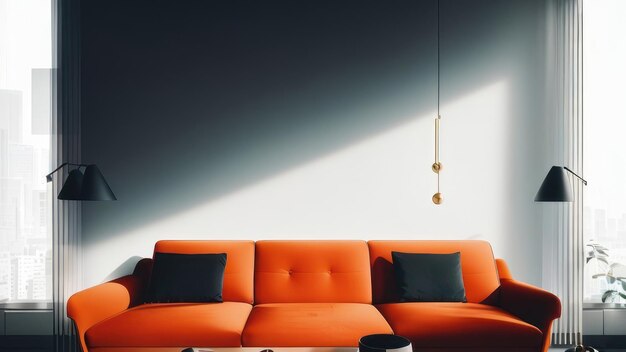 A living room with a couch and a lamp on the wall