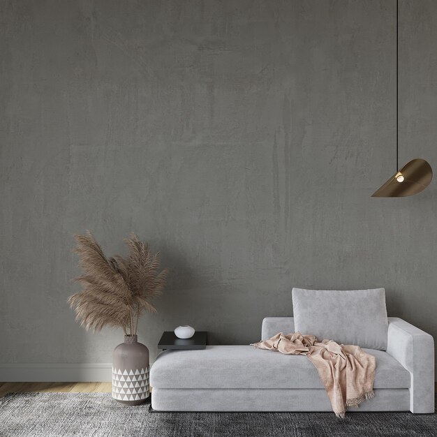 A living room with a couch and a lamp on the wall