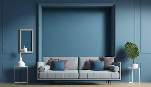 A living room with a couch and a lamp on the wall.