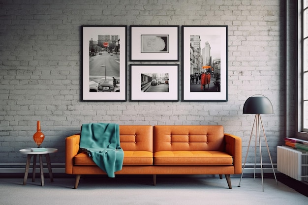 A living room with a couch and a lamp on the wall