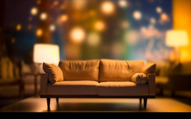 A living room with a couch and a lamp on the wall