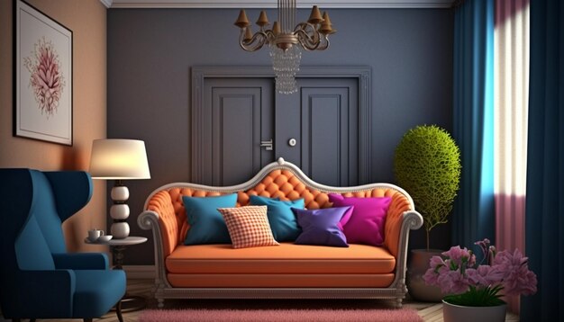 A living room with a couch and a lamp.