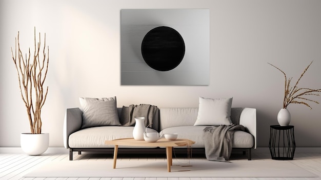 a living room with a couch and a large black circle on the wall.