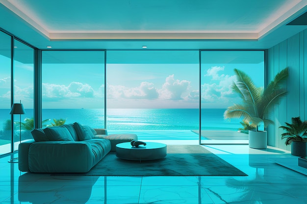 A living room with a couch and a large window overlooking the ocean and a palm tree in the corner a