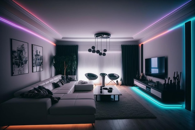 A living room with a couch and lights on the wall