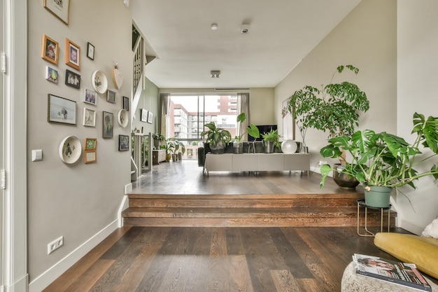 A living room with a couch and many plants