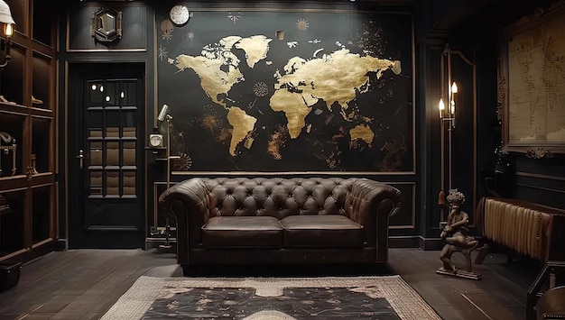 A living room with a couch and a map on the wall