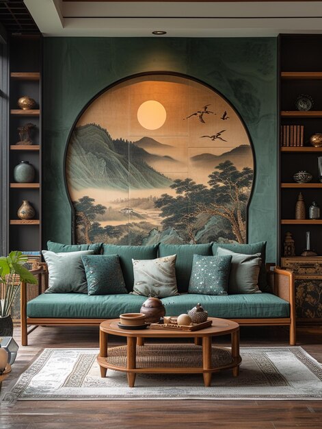 a living room with a couch and a painting of birds in the sky generate by AI