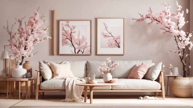 a living room with a couch and a painting of cherry blossom on the wall