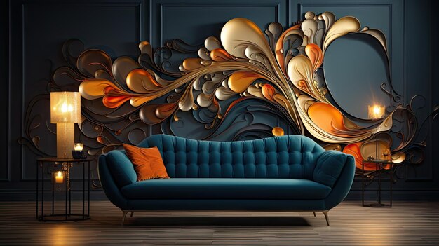 Foto un soggiorno con un divano e il dipinto di un divano.
