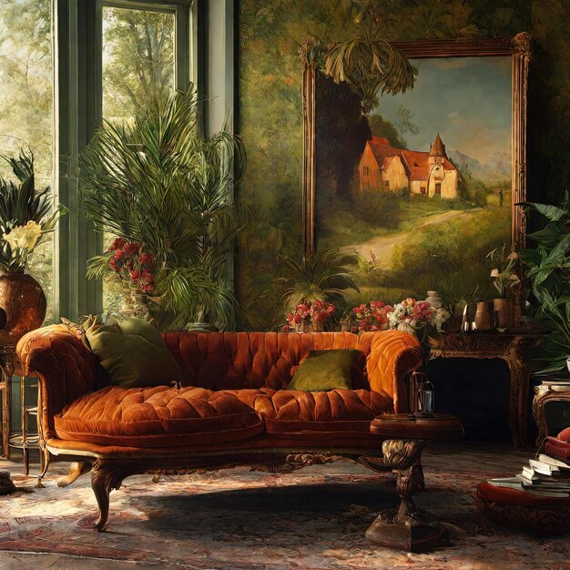 a living room with a couch and a painting of a house in the background.