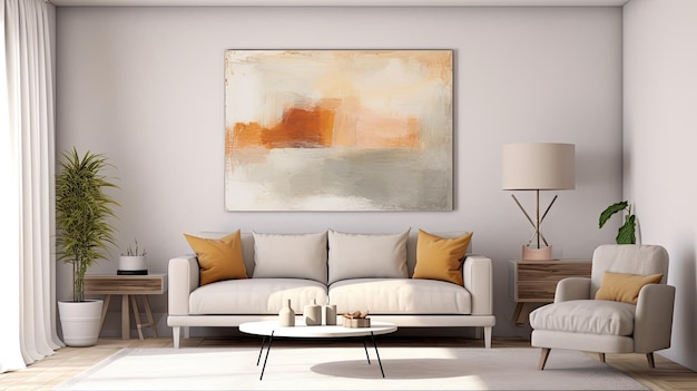 A living room with a couch and a painting above it.