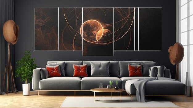 a living room with a couch and a painting of a planet.