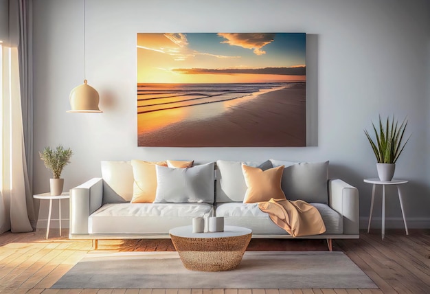 A living room with a couch and a painting of a sunset.