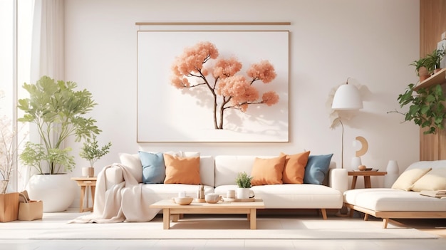 a living room with a couch a painting and a tree on the wall