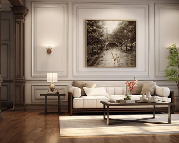 Photo a living room with a couch and a painting on the wall