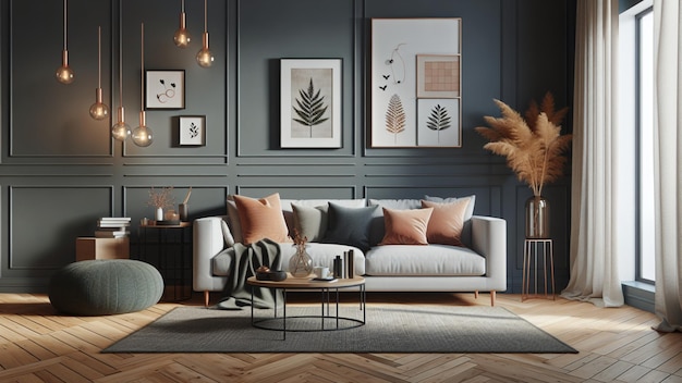 Foto un soggiorno con un divano e un dipinto sulla parete