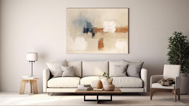 A living room with a couch and a painting on the wall.