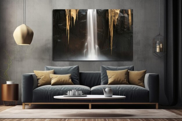 A living room with a couch and a painting of a waterfall