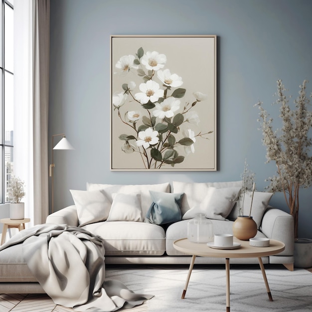 A living room with a couch and a painting of a white flower.