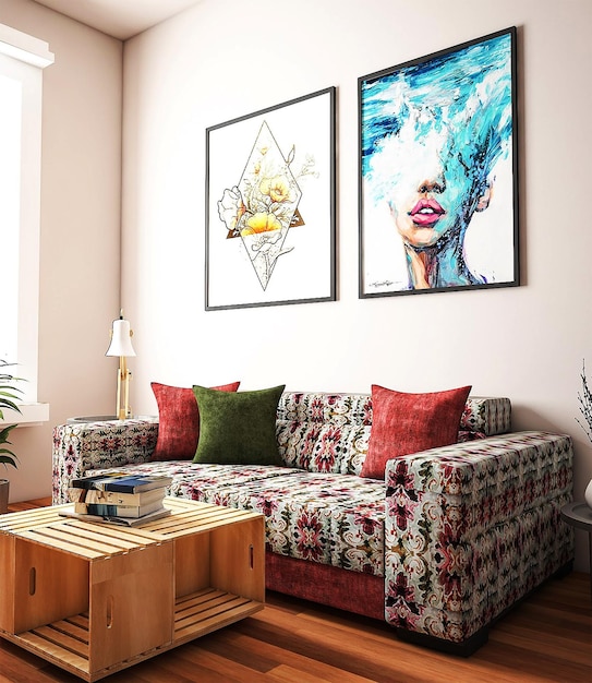 A living room with a couch and a painting of a woman on the wall.
