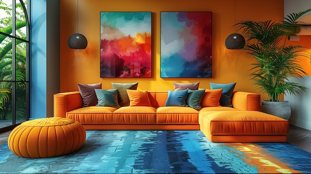 Photo a living room with a couch and paintings on the wall