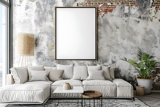 a living room with a couch and a picture frame hanging on the wall