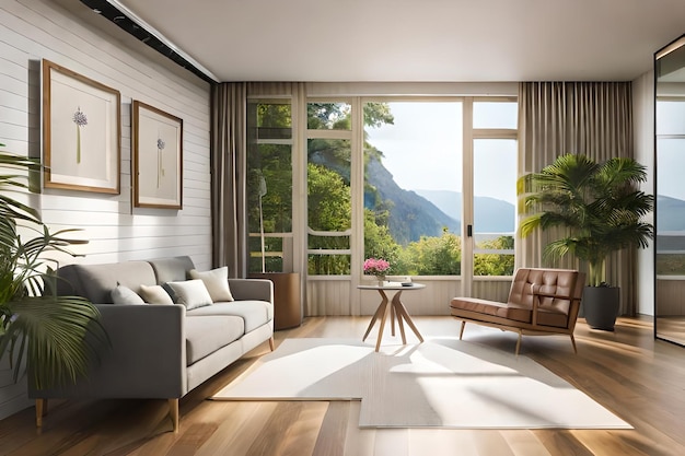 A living room with a couch and a picture of a mountain view.