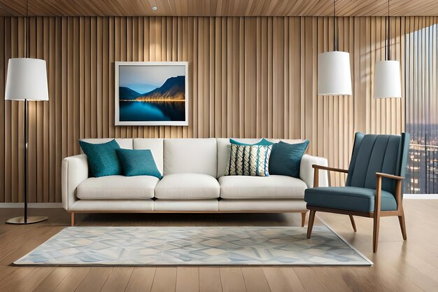 A living room with a couch and a picture of a mountain on the wall