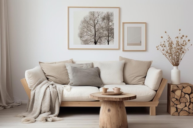 Photo a living room with a couch and a picture of a tree on the wall