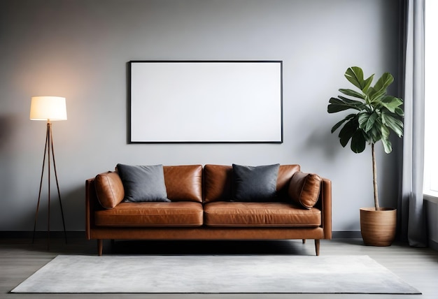 a living room with a couch and a picture on the wall