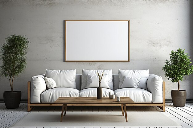 A living room with a couch and a picture on the wall