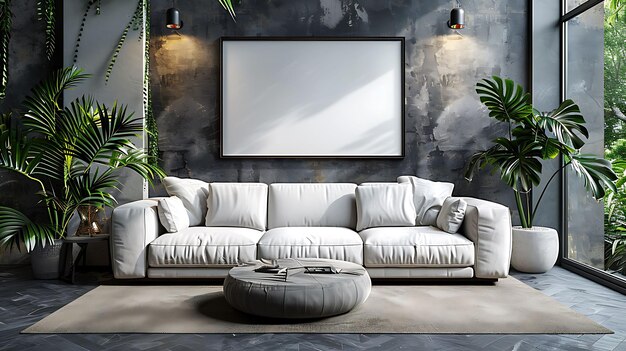 a living room with a couch and a picture on the wall