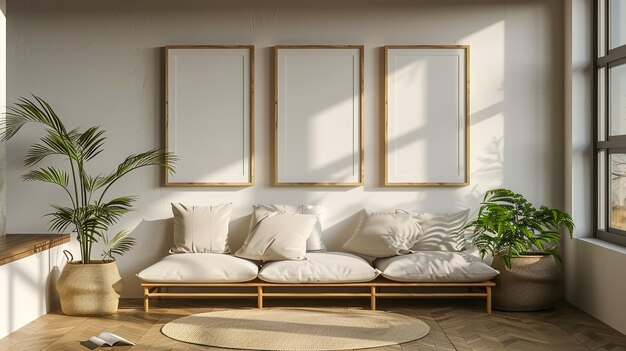 a living room with a couch and pictures on the wall