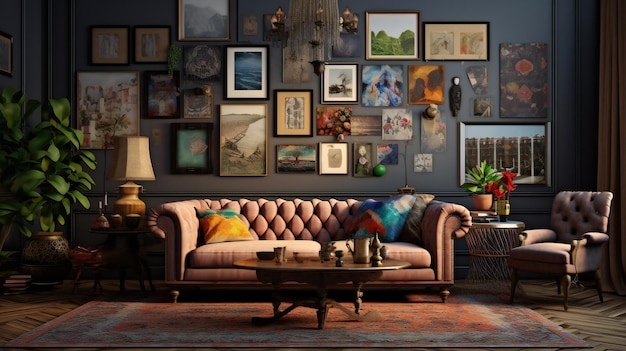 A living room with a couch and pictures on the wall.